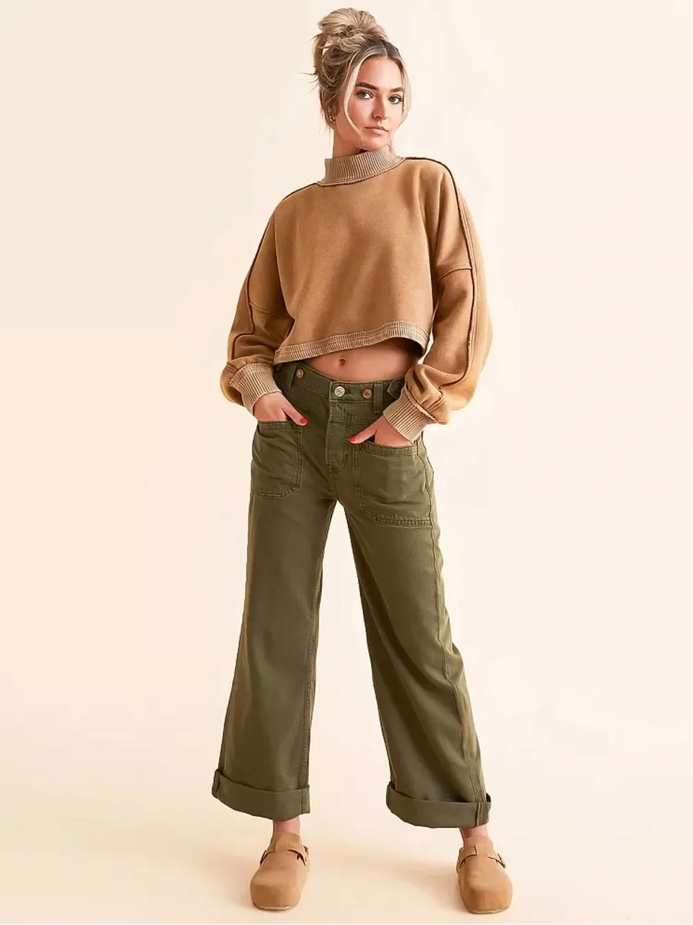 Free People Palmer Wide Leg Cuffed Jean Size 31 Green Wash